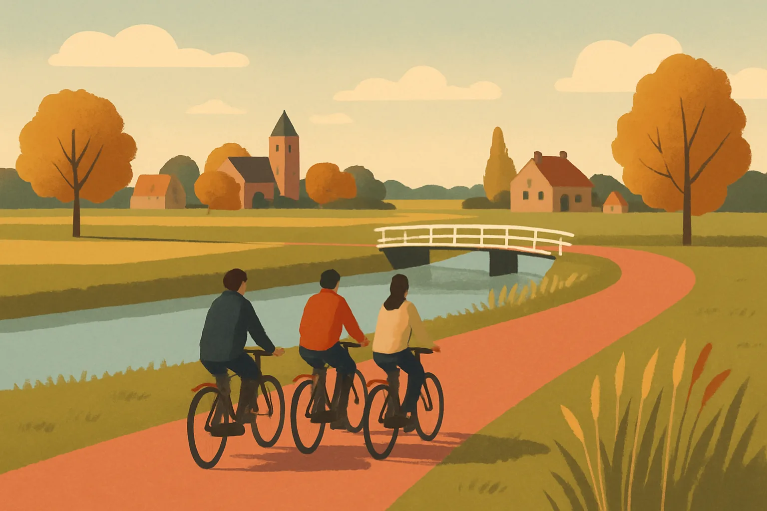 A wide reddish-asphalt cycling path curving through flat Dutch polder countryside, with a few cyclists riding side by side past a low white bridge crossing a narrow canal, autumn trees and farmland in the background.